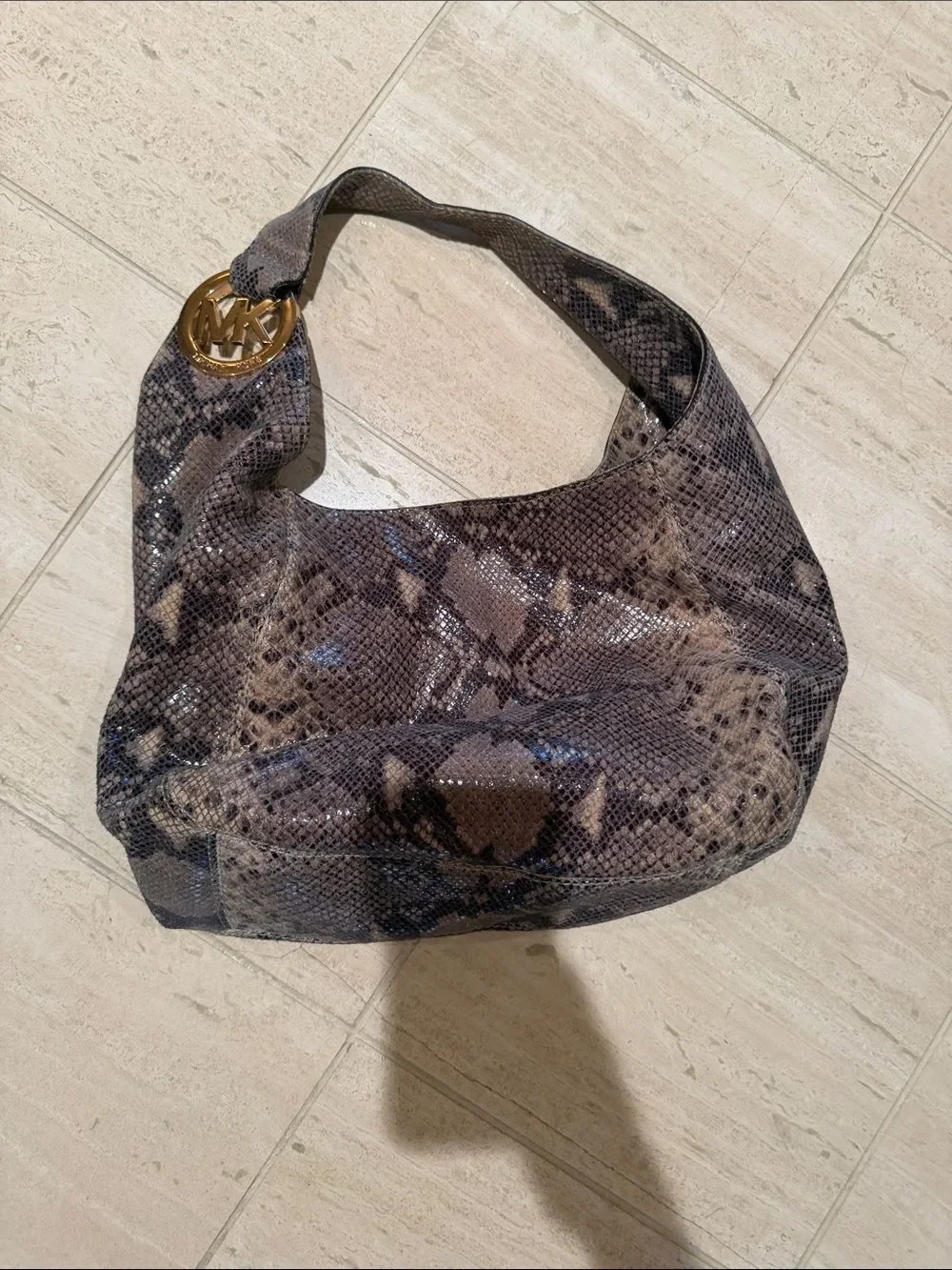 Michael Kors Brown Taupe Snake-Print Shoulder Bag with Gold MK Accent